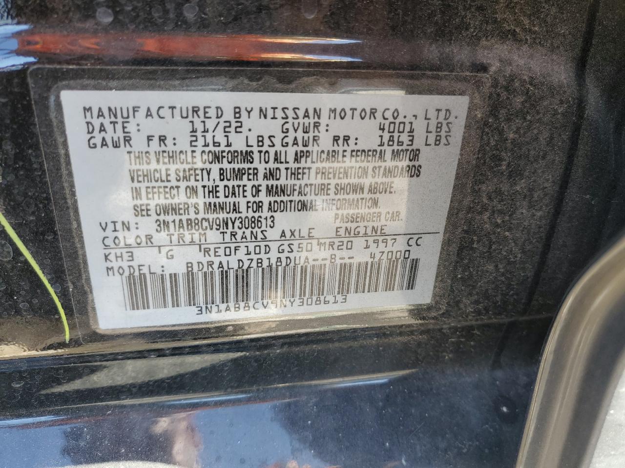 2022 NISSAN SENTRA SV VIN:3N1AB8CV9NY308613