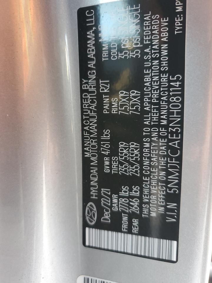 2022 HYUNDAI TUCSON SEL VIN:5NMJFCAE3NH081145