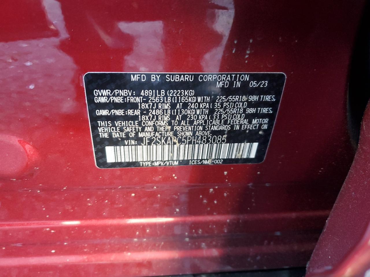 2023 SUBARU FORESTER LIMITED VIN:JF2SKAPC5PH483085