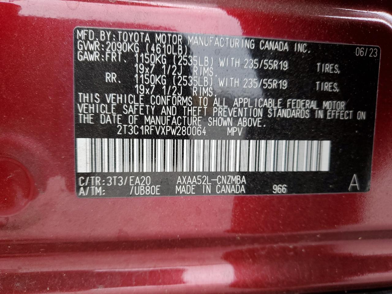 2023 TOYOTA RAV4 XLE PREMIUM VIN:2T3C1RFVXPW280064