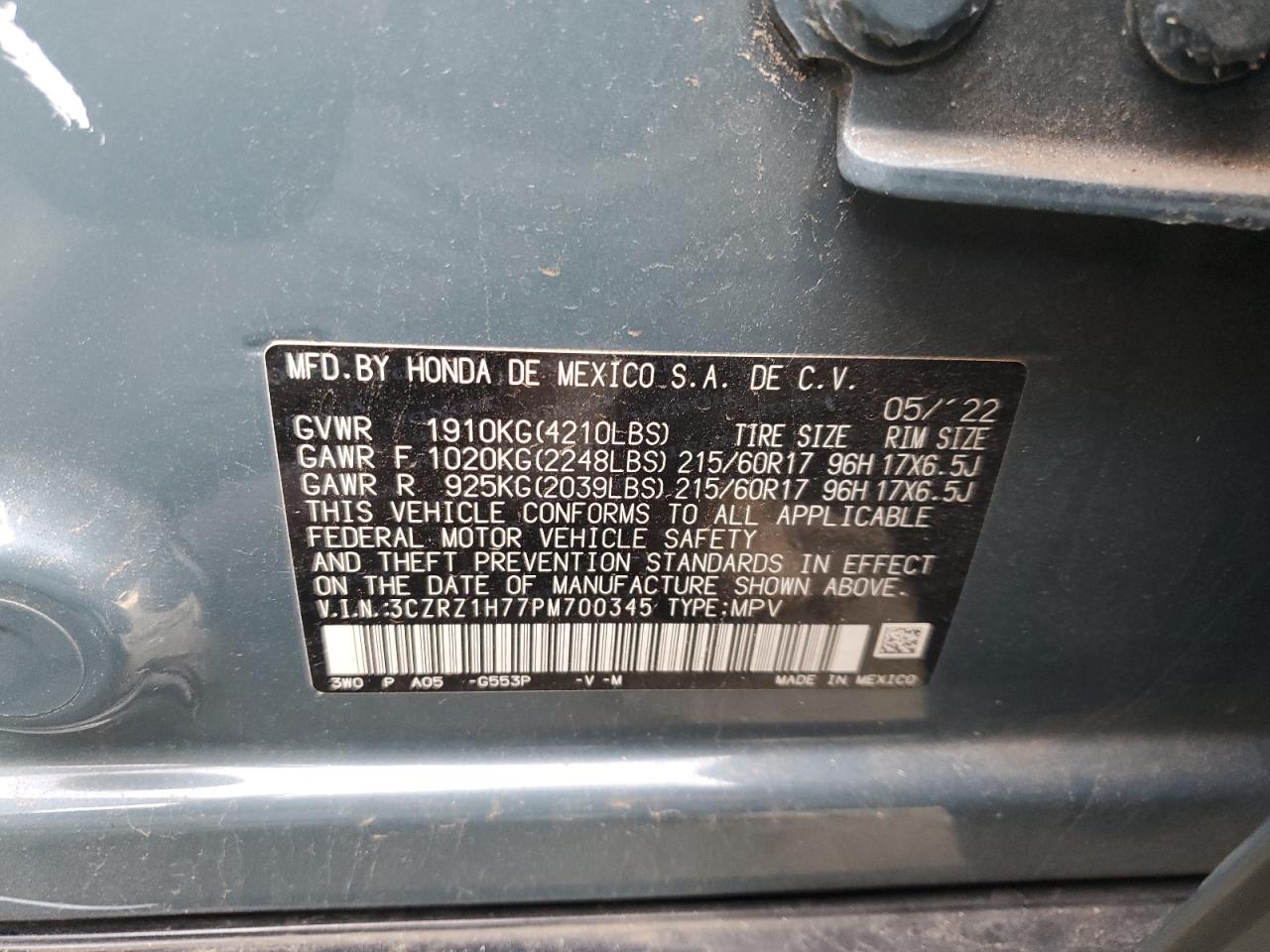 2023 HONDA HR-V EXL VIN:3CZRZ1H77PM700345