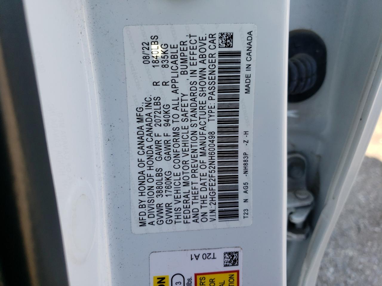 2022 HONDA CIVIC SPORT VIN:2HGFE2F52NH600498