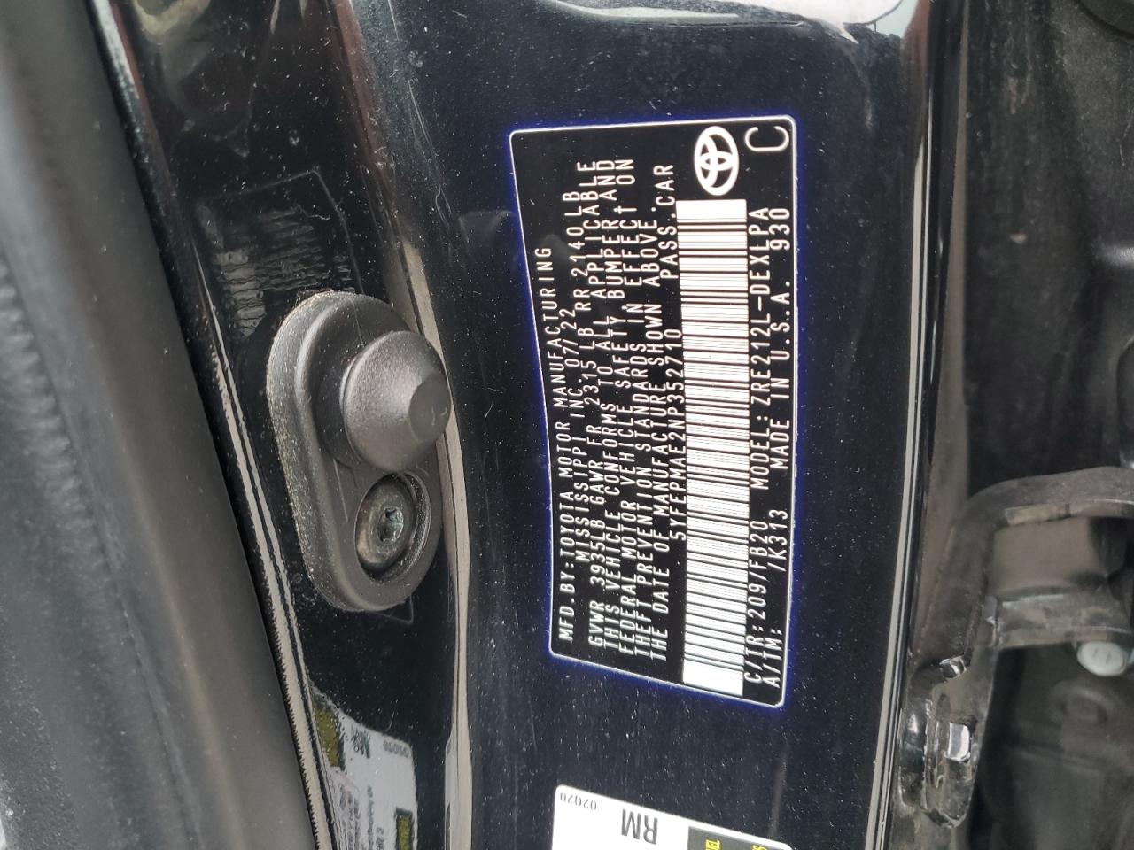 2022 TOYOTA COROLLA LE VIN:5YFEPMAE2NP352710