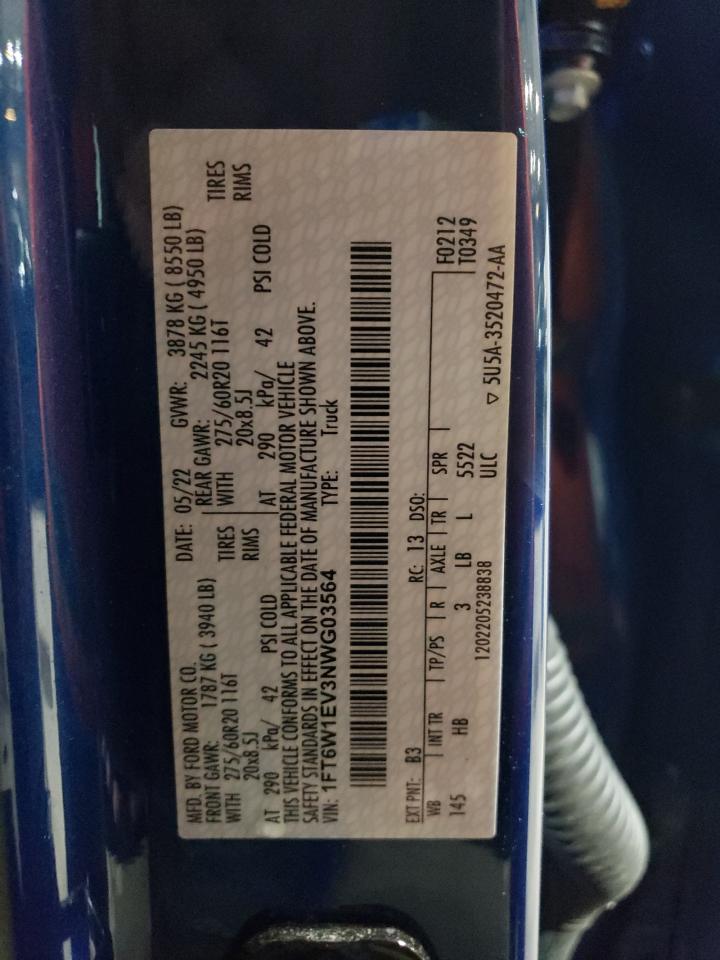 2022 FORD F150 LIGHTNING PRO VIN:1FT6W1EV3NWG03564