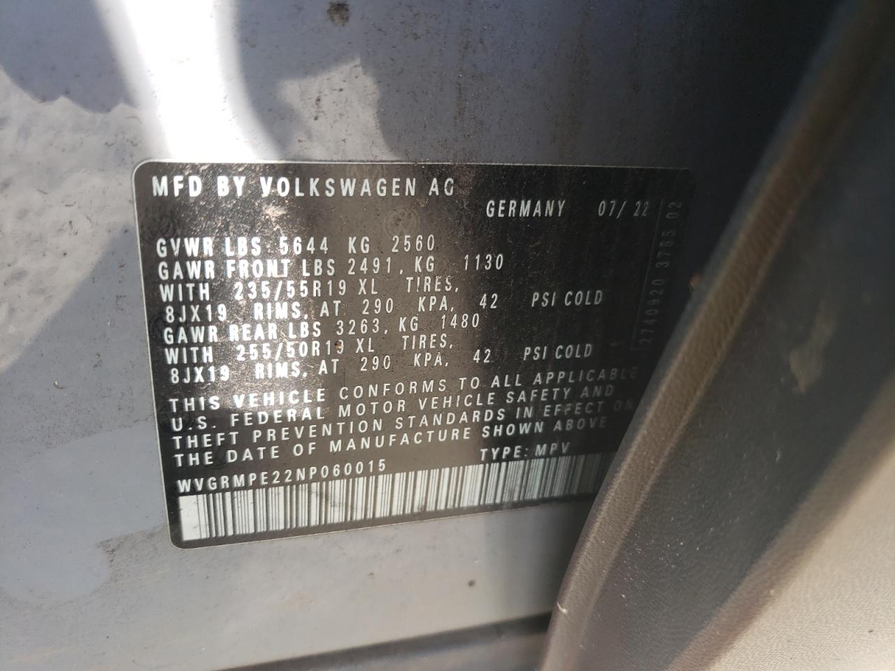 2022 VOLKSWAGEN ID.4 PRO VIN:WVGRMPE22NP060015