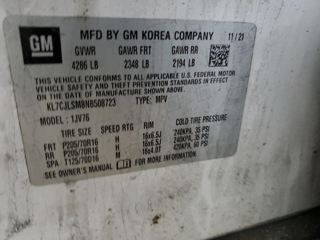 2022 CHEVROLET TRAX 1LT VIN:KL7CJLSM8NB508723