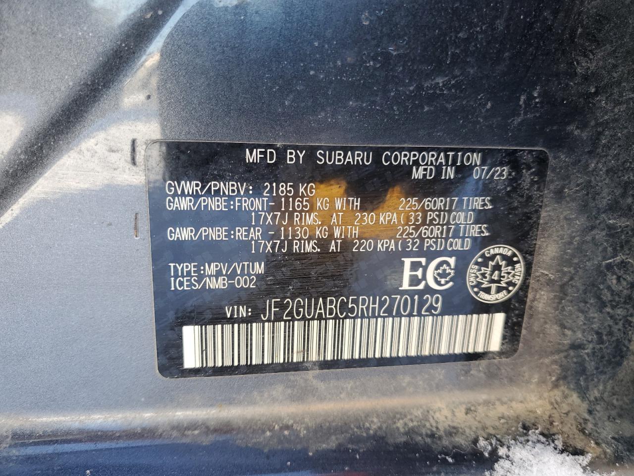 2024 SUBARU CROSSTREK  VIN:JF2GUABC5RH270129