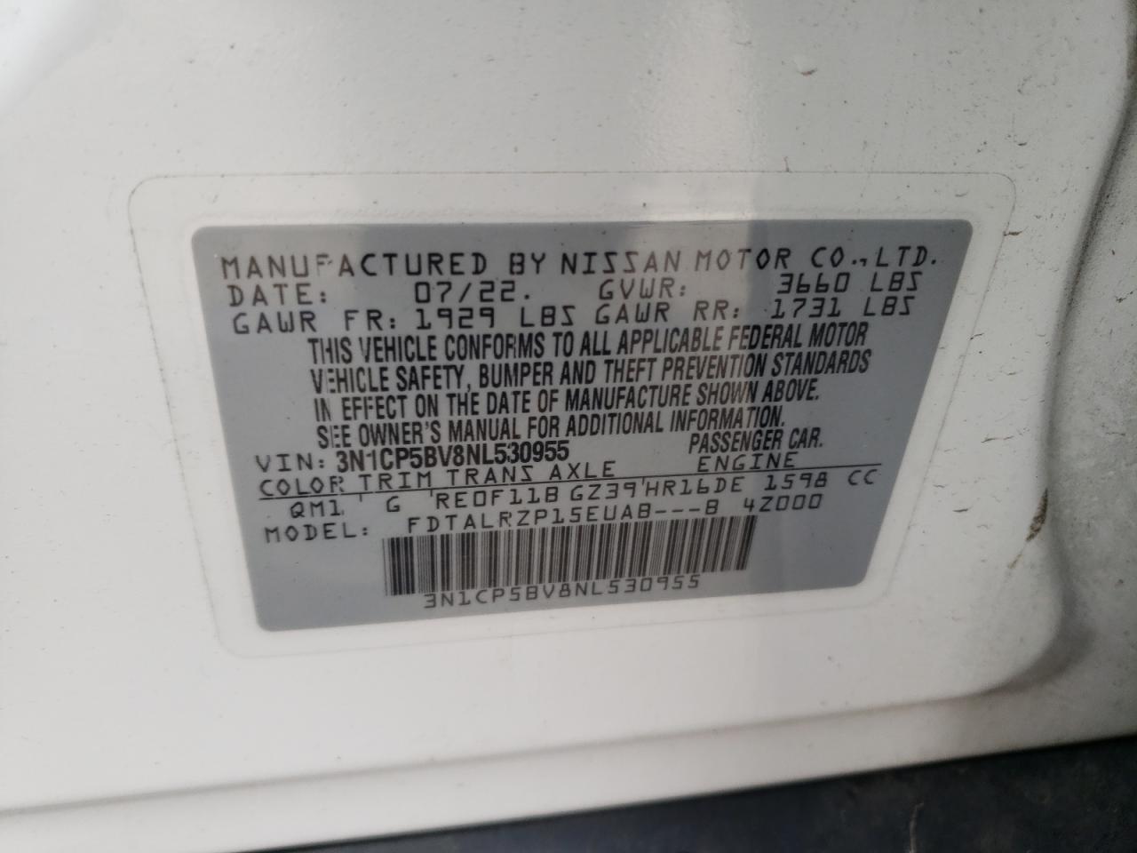 2022 NISSAN KICKS S VIN:3N1CP5BV8NL530955