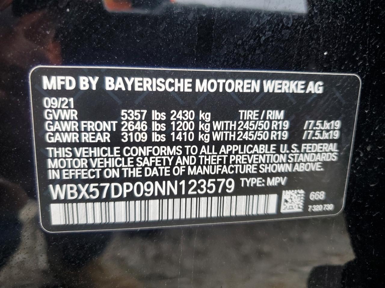 2022 BMW X3 XDRIVE30I VIN:WBX57DP09NN123579