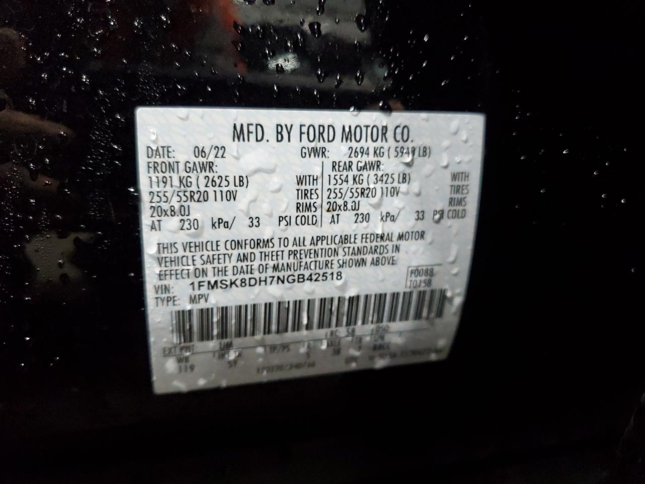 2022 FORD EXPLORER XLT VIN:1FMSK8DH7NGB42518