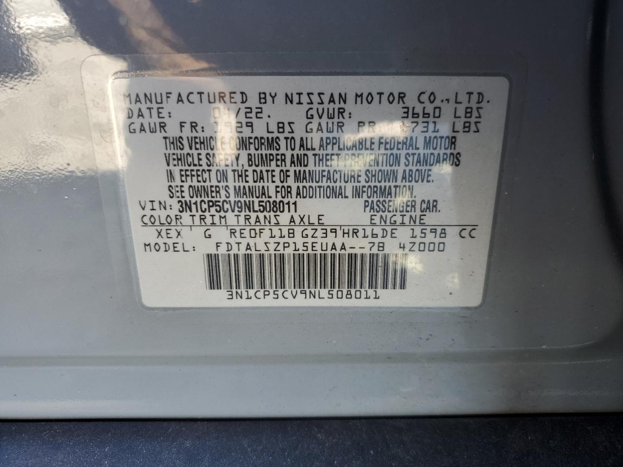 2022 NISSAN KICKS SV VIN:3N1CP5CV9NL508011