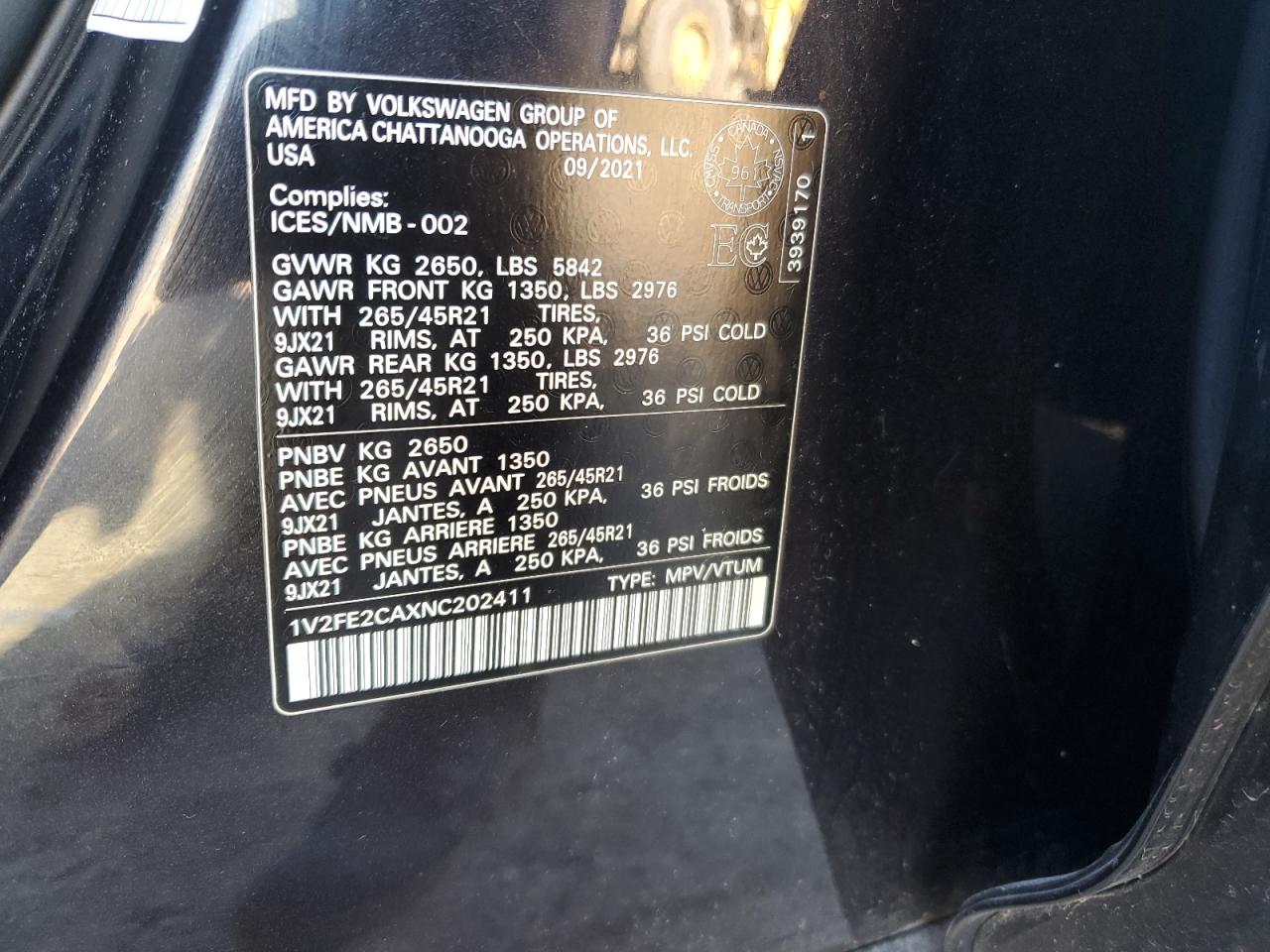 2022 VOLKSWAGEN ATLAS CROSS SPORT SEL PREMIUM R-LINE VIN:1V2FE2CAXNC202411