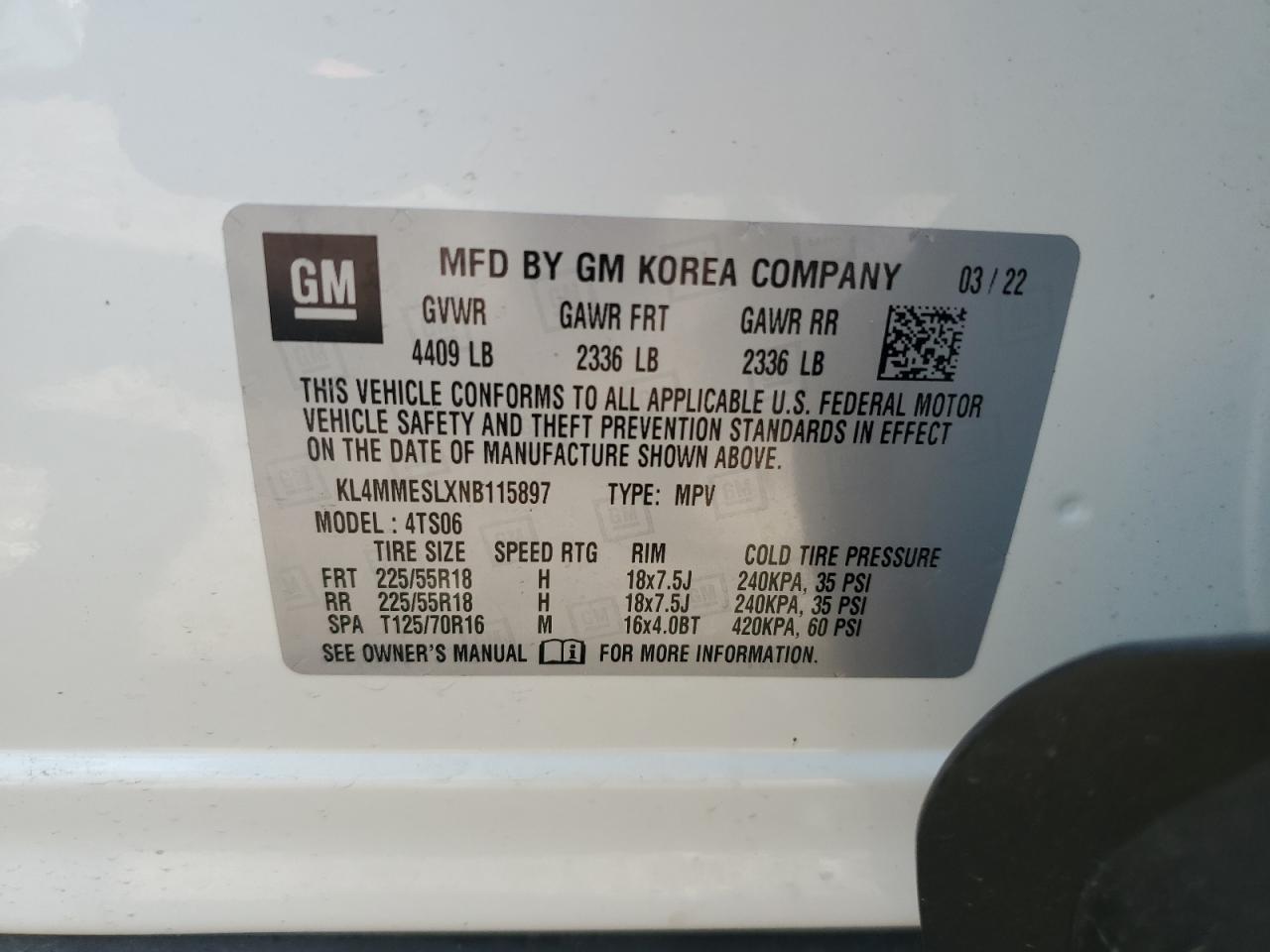 2022 BUICK ENCORE GX SELECT VIN:KL4MMESLXNB115897