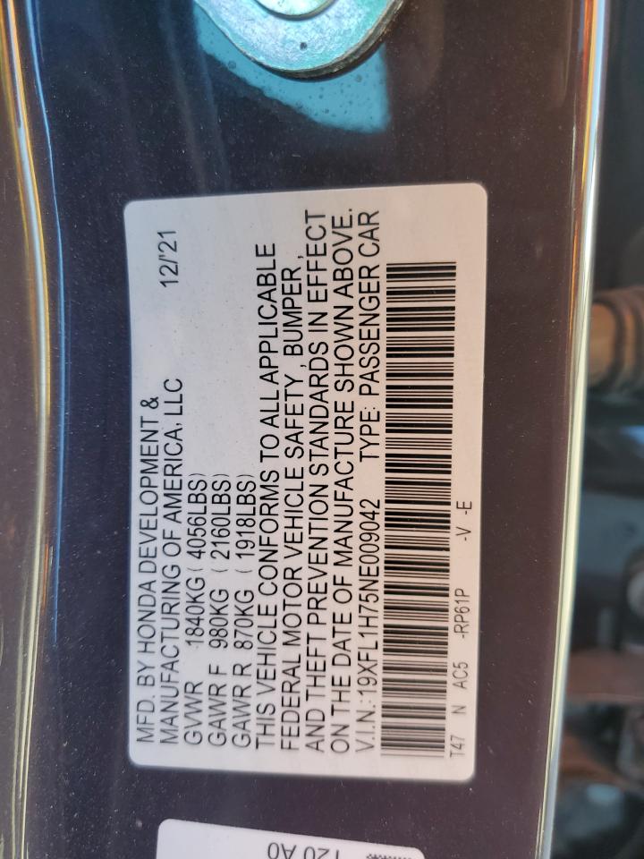 2022 HONDA CIVIC EXL VIN:19XFL1H75NE009042