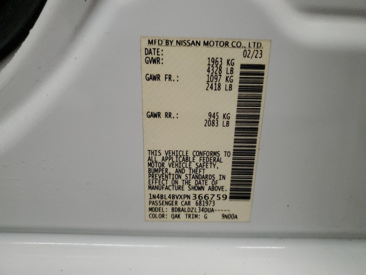 2023 NISSAN ALTIMA S VIN:1N4BL4BVXPN366759