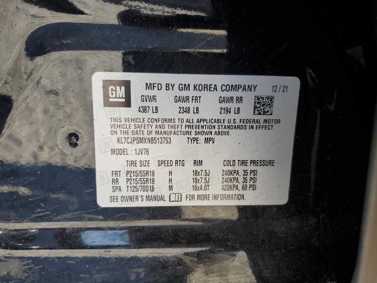 2022 CHEVROLET TRAX 1LT VIN:KL7CJPSMXNB513753