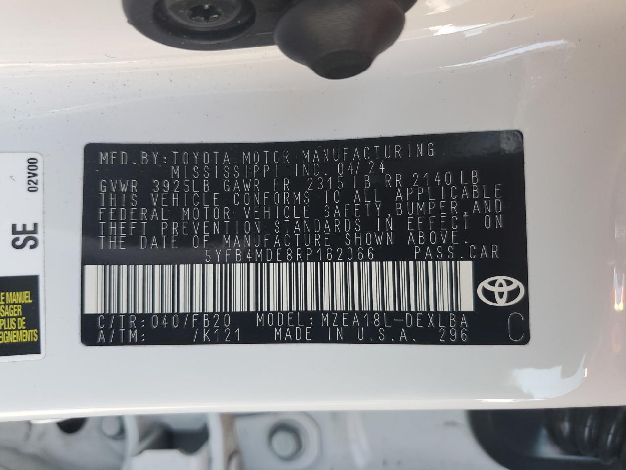 2024 TOYOTA COROLLA LE VIN:5YFB4MDE8RP162066