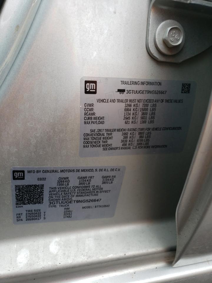 2022 GMC SIERRA K1500 DENALI VIN:3GTUUGET9NG526647