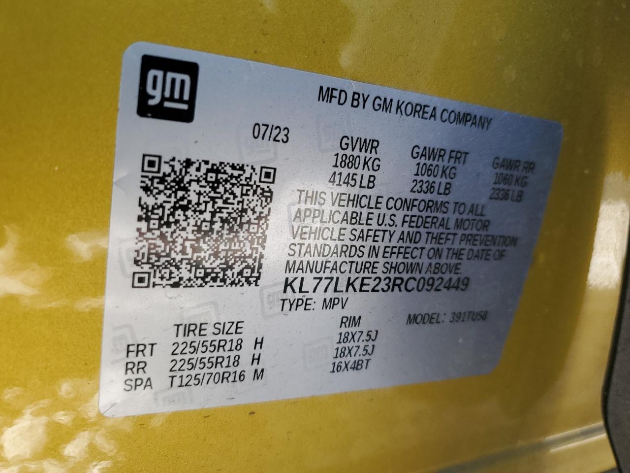 2024 CHEVROLET TRAX ACTIV VIN:KL77LKE23RC092449