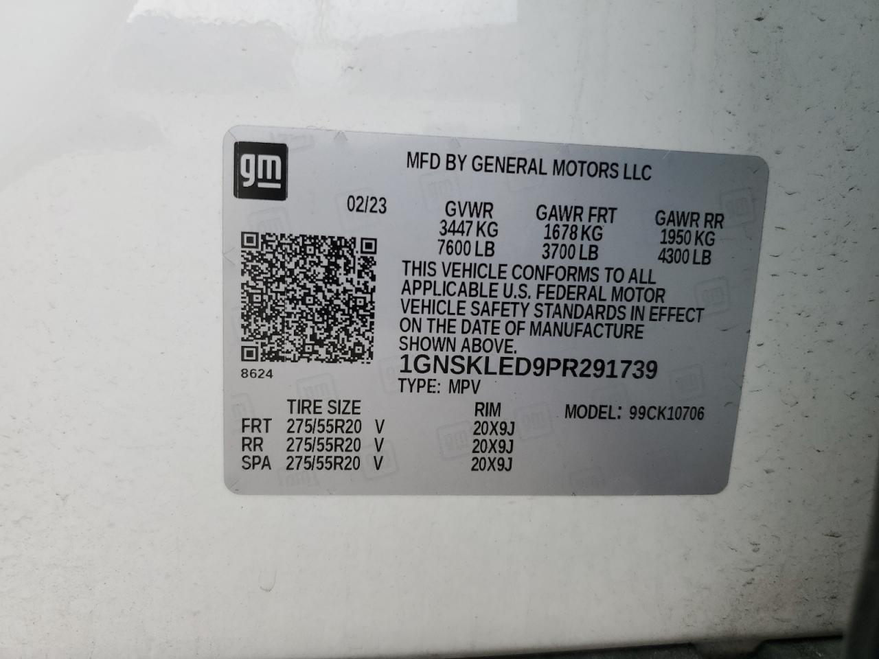 2023 CHEVROLET TAHOE K1500 VIN:1GNSKLED9PR291739