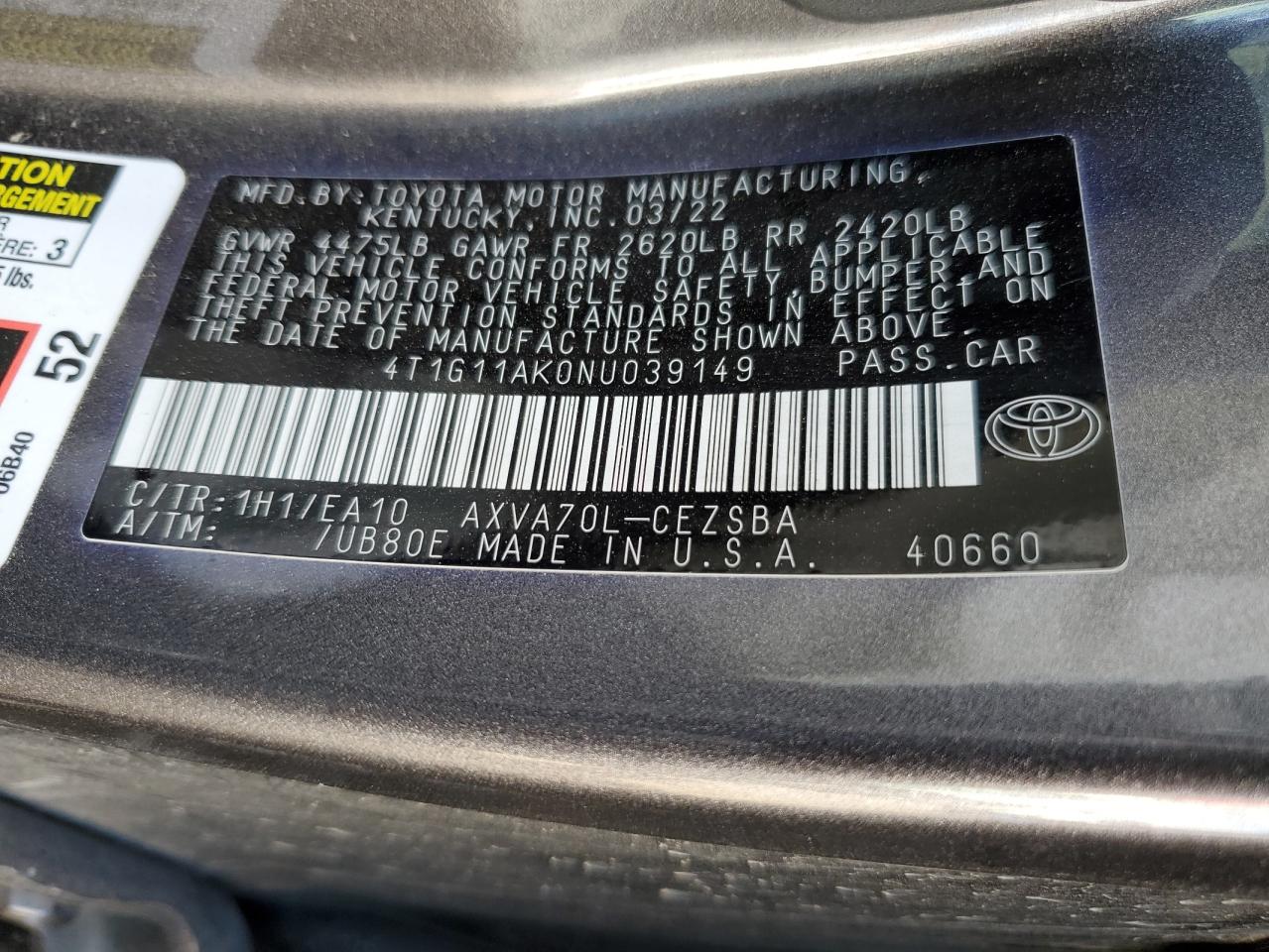 2022 TOYOTA CAMRY SE VIN:4T1G11AK0NU039149