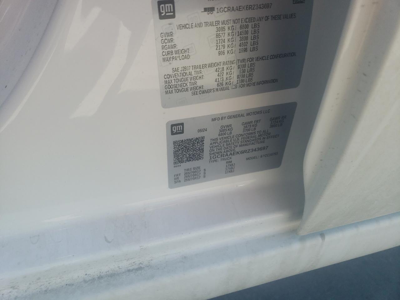 2024 CHEVROLET SILVERADO C1500 VIN:1GCRAAEK6RZ343697