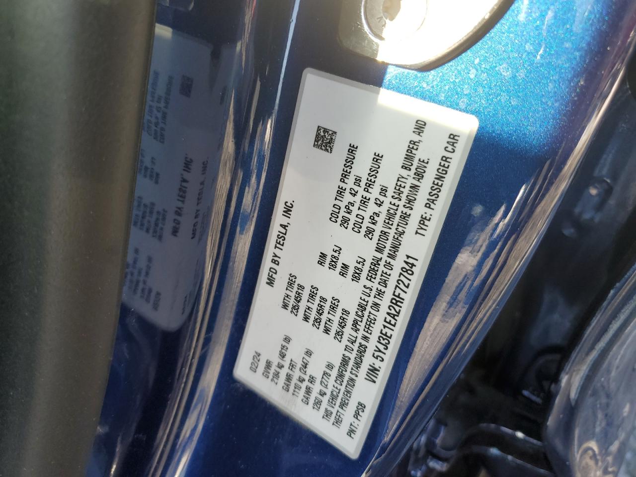 2024 TESLA MODEL 3  VIN:1HGCM56787A210337