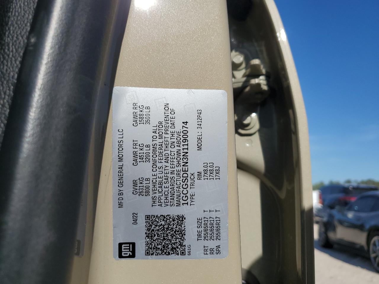 2022 CHEVROLET COLORADO Z71 VIN:1GCGSDEN3N1190074