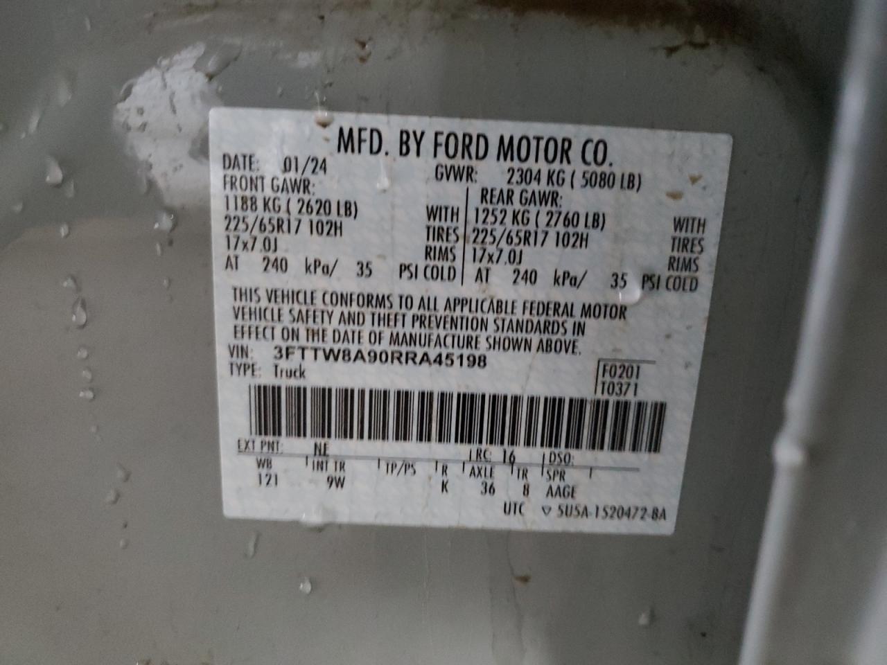 2024 FORD MAVERICK XL VIN:3FTTW8A90RRA45198