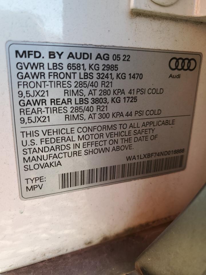 2022 AUDI Q7 PREMIUM PLUS VIN:WA1LXBF74ND016866