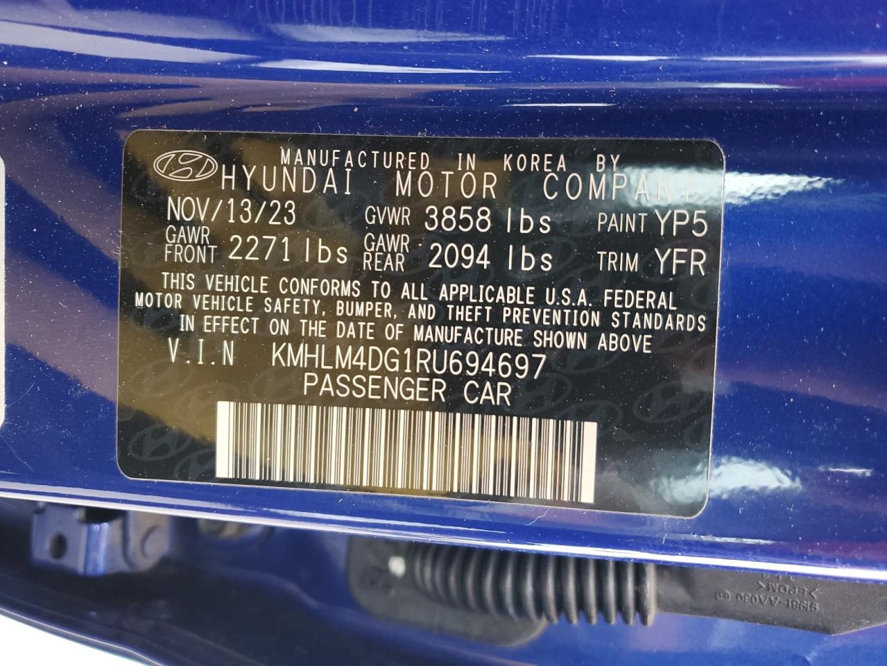 2024 HYUNDAI ELANTRA SEL VIN:KMHLM4DG1RU694697