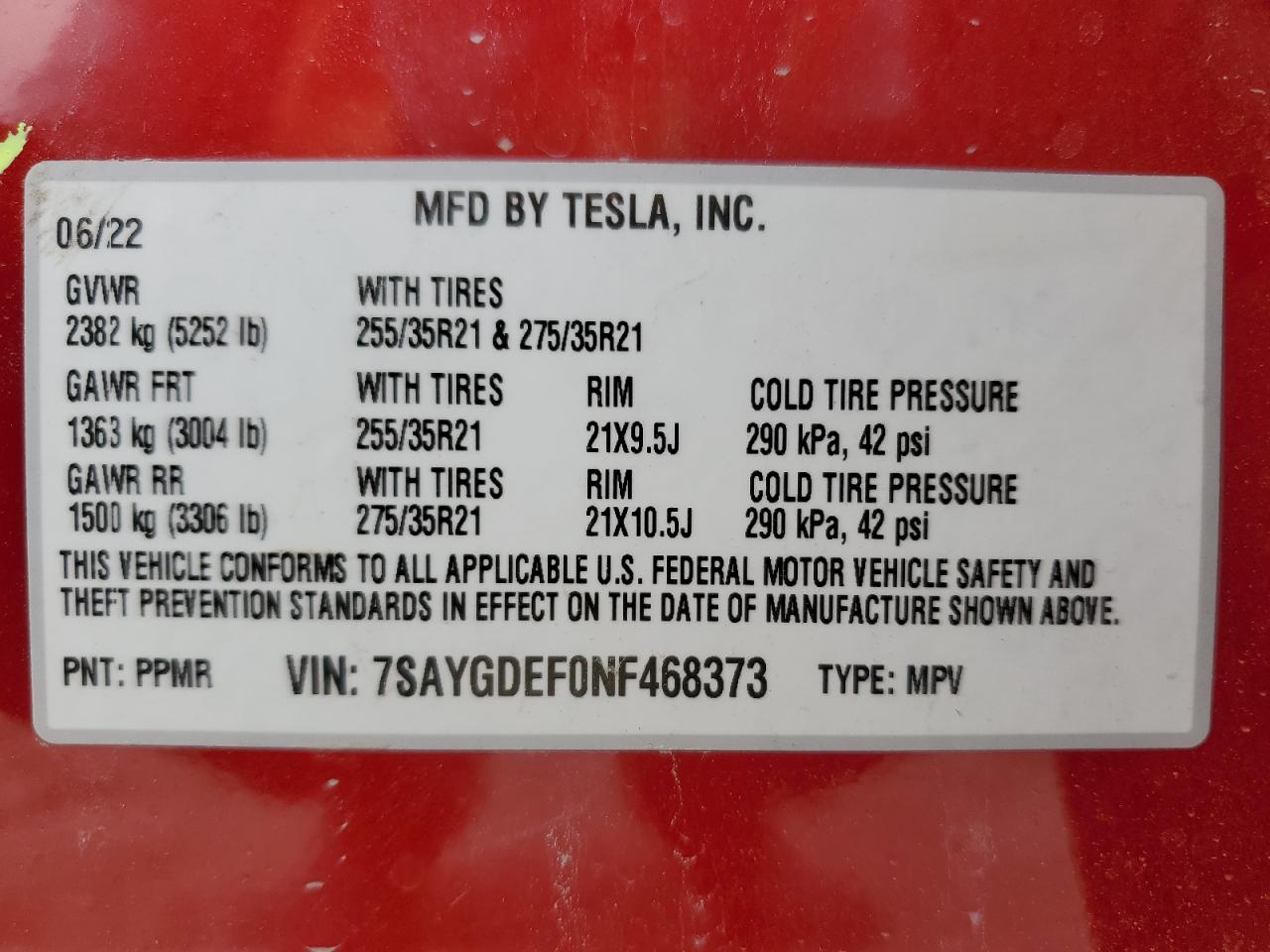 2022 TESLA MODEL Y  VIN:7SAYGDEF0NF468373