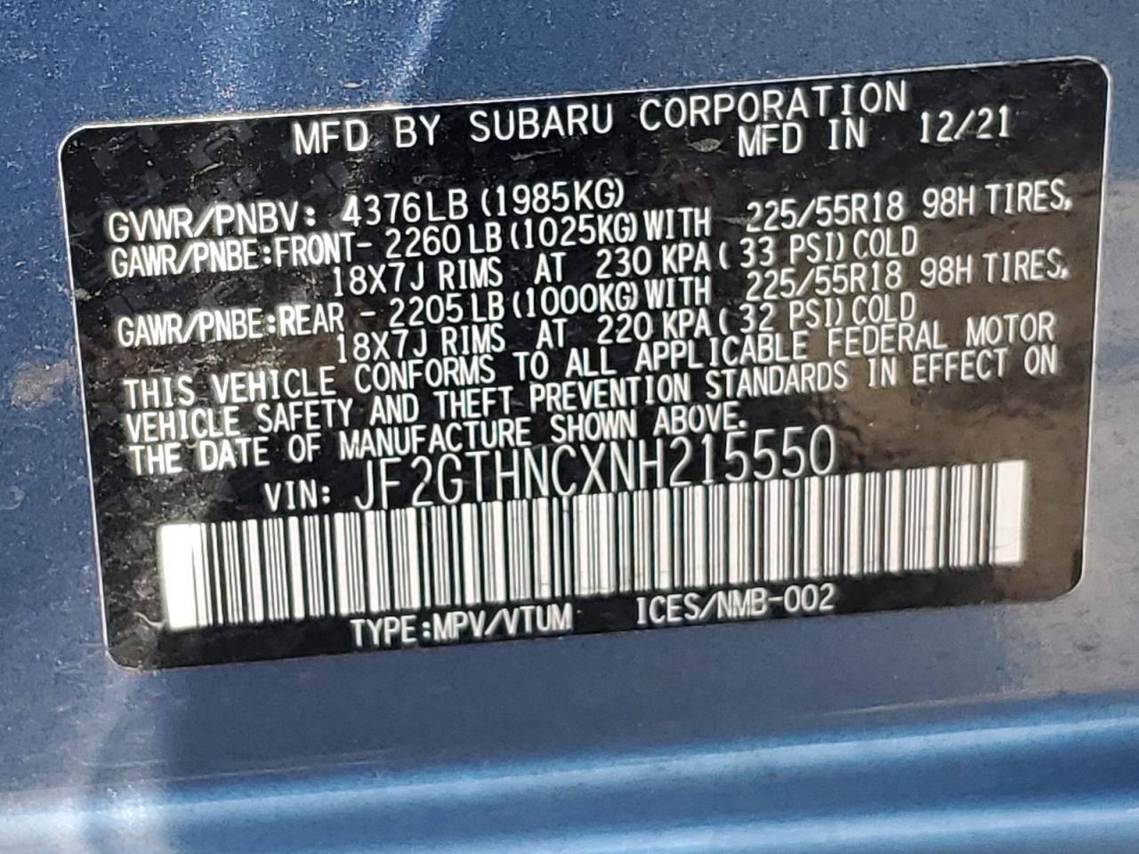 2022 SUBARU CROSSTREK LIMITED VIN:JF2GTHNCXNH215550