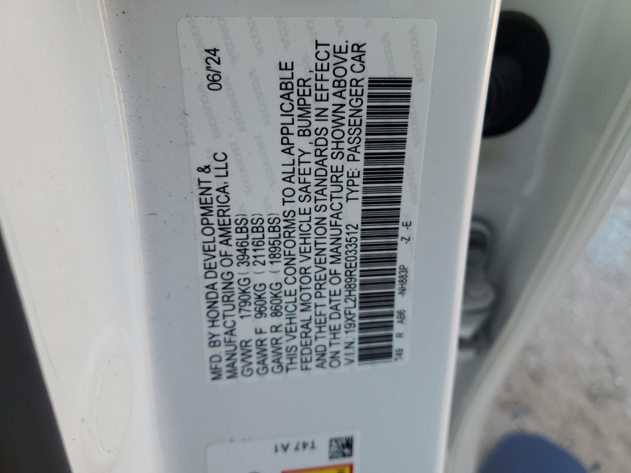 2024 HONDA CIVIC SPORT VIN:19XFL2H89RE033512