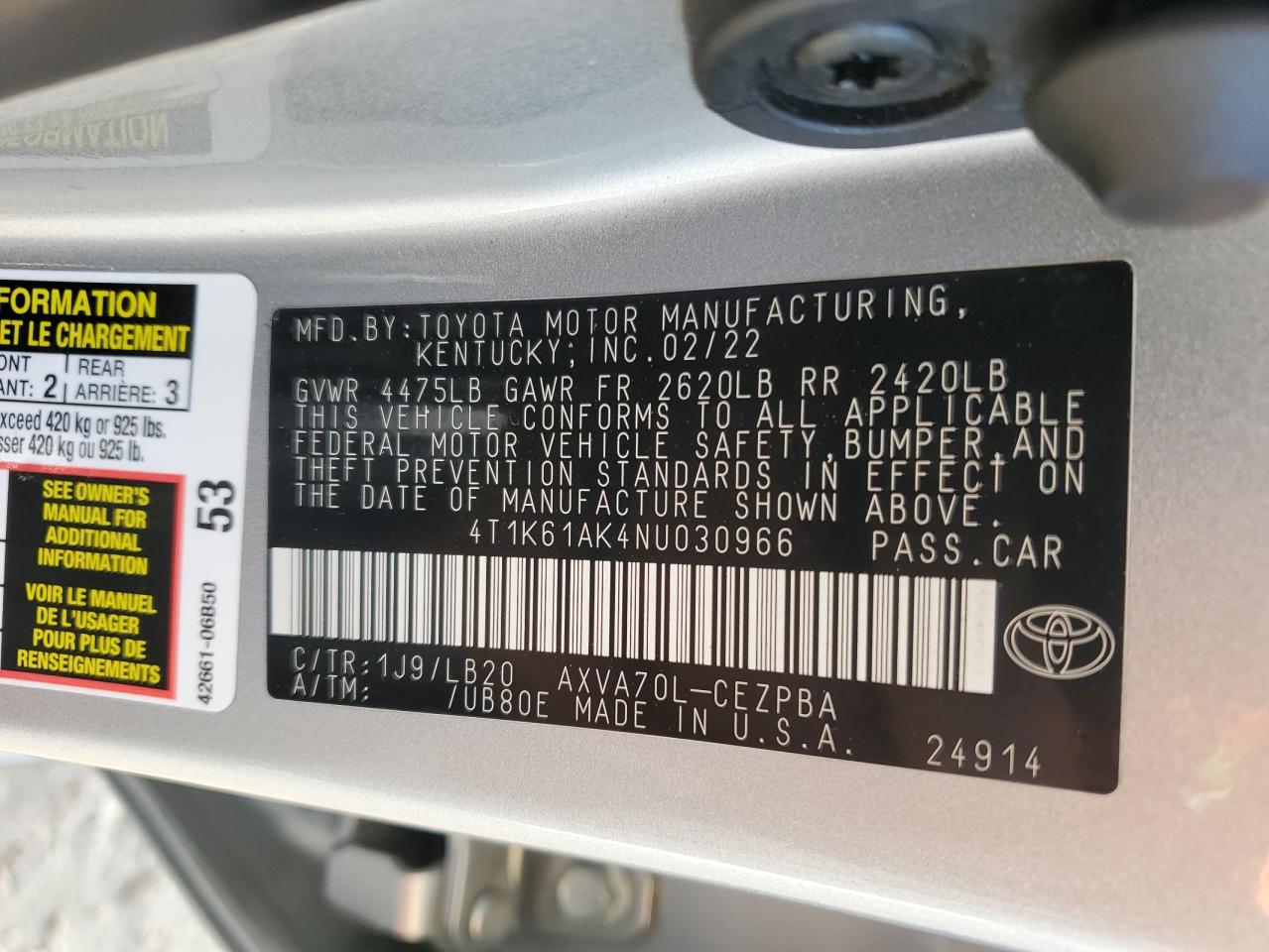 2022 TOYOTA CAMRY XSE VIN:4T1K61AK4NU030966