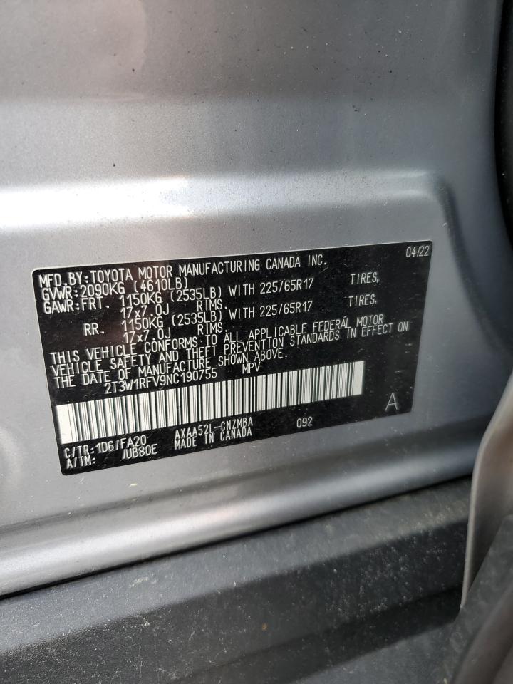 2022 TOYOTA RAV4 XLE VIN:2T3W1RFV9NC190755