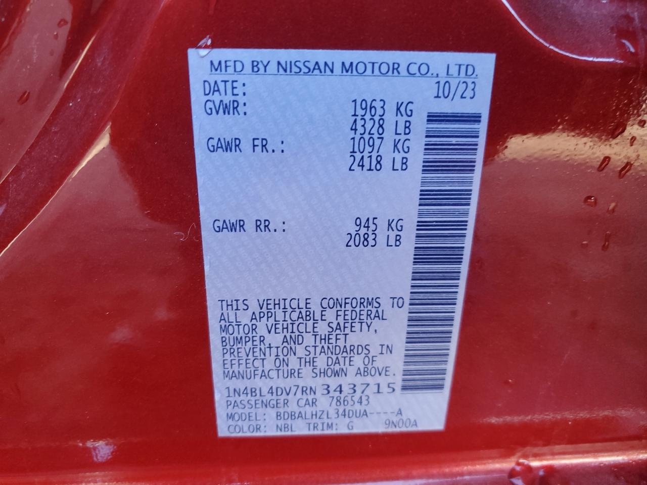 2024 NISSAN ALTIMA SV VIN:1N4BL4DV7RN343715