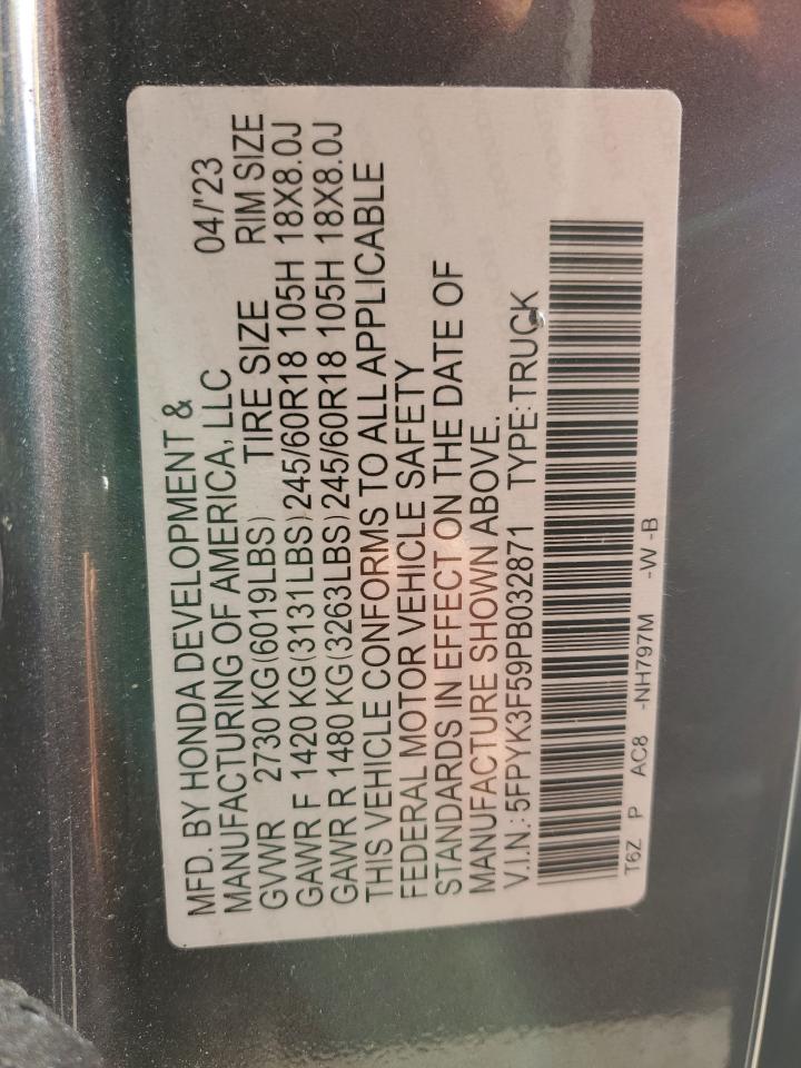 2023 HONDA RIDGELINE RTL VIN:5FPYK3F59PB032871