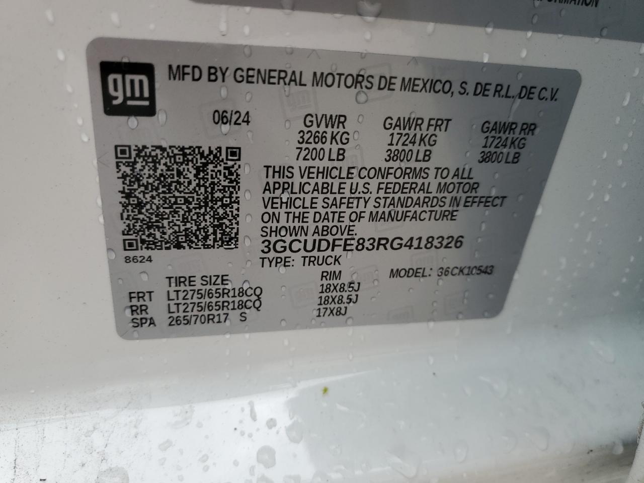 2024 CHEVROLET SILVERADO K1500 LT TRAIL BOSS VIN:3GCUDFE83RG418326