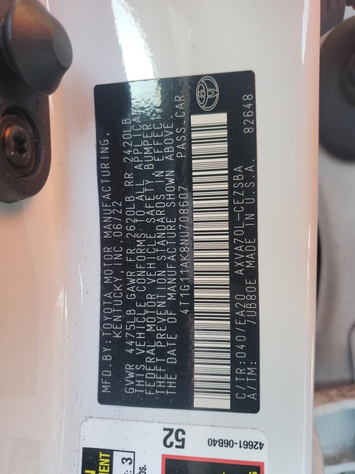 2022 TOYOTA CAMRY SE VIN:4T1G11AK8NU708607