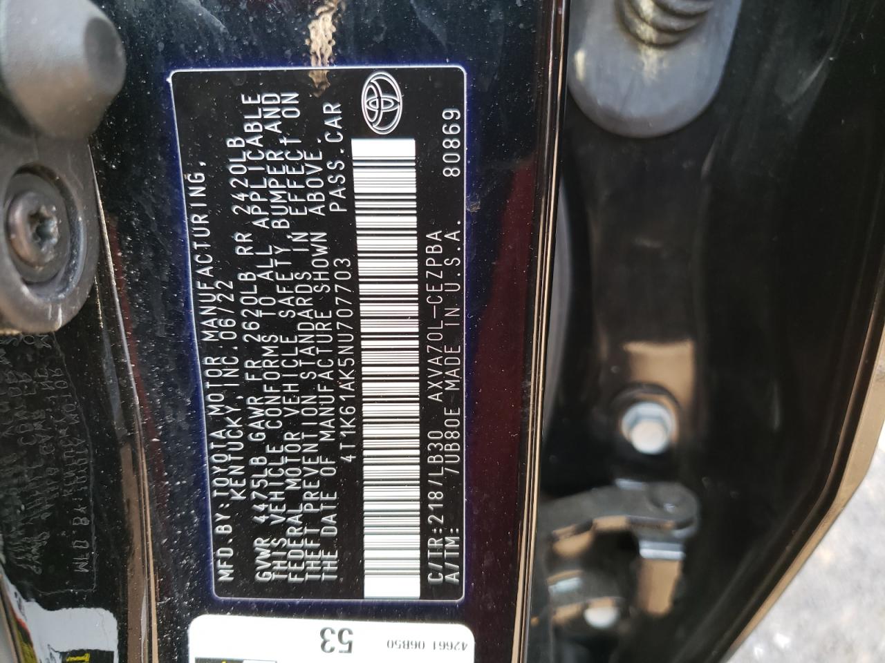 2022 TOYOTA CAMRY XSE VIN:4T1K61AK5NU707703