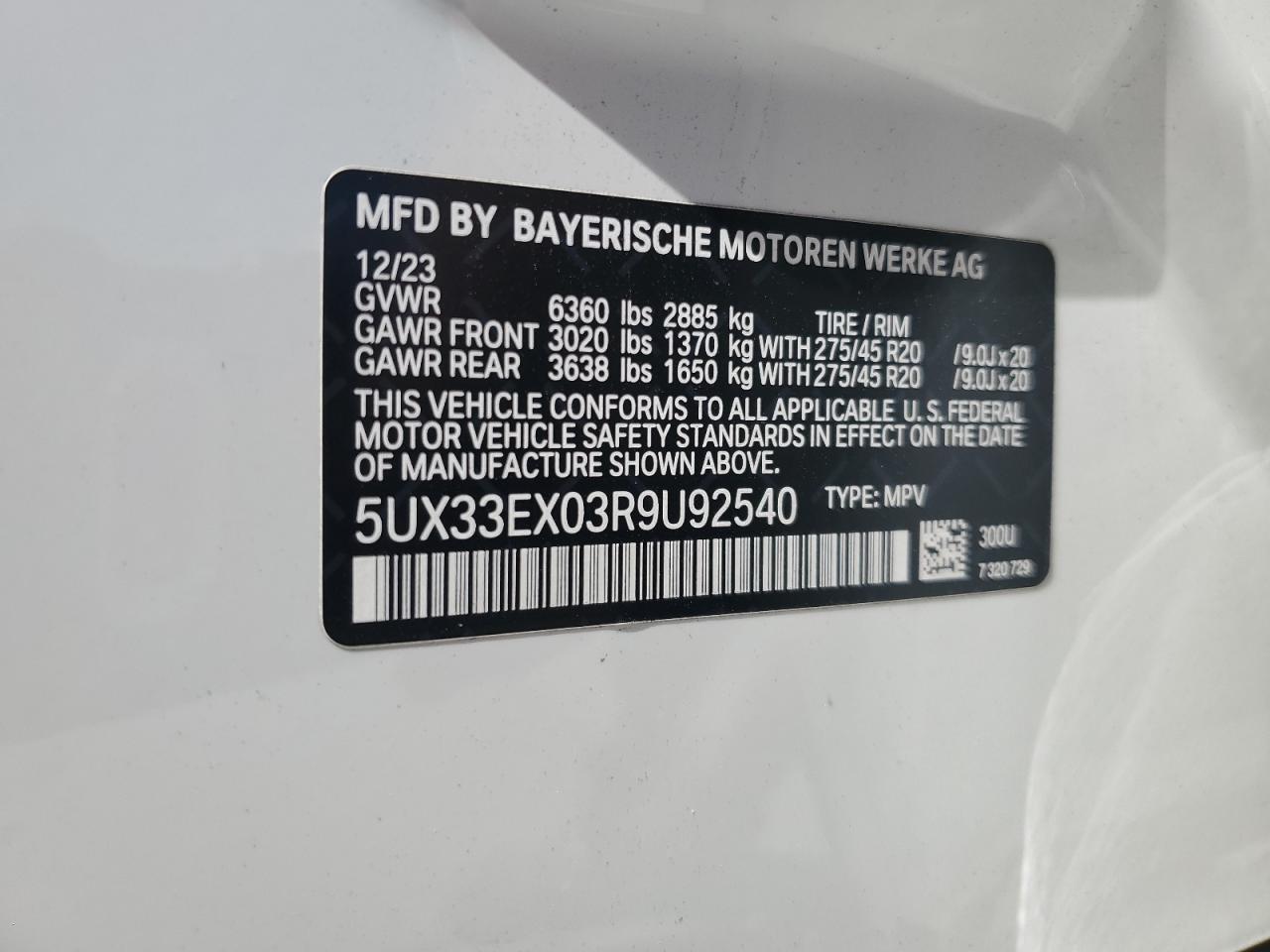 2024 BMW X6 XDRIVE40I VIN:5UX33EX03R9U92540