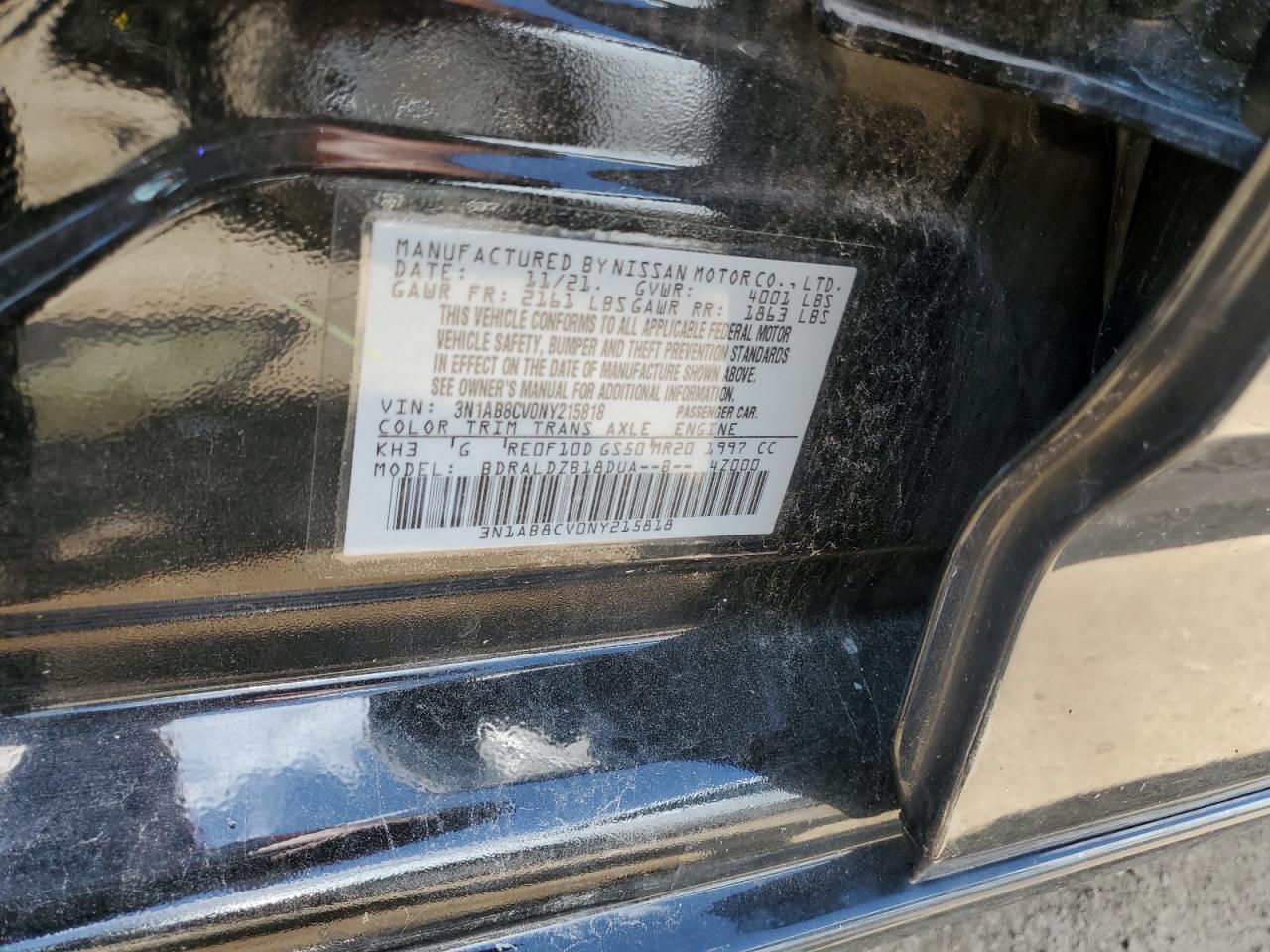 2022 NISSAN SENTRA SV VIN:3N1AB8CV0NY215818