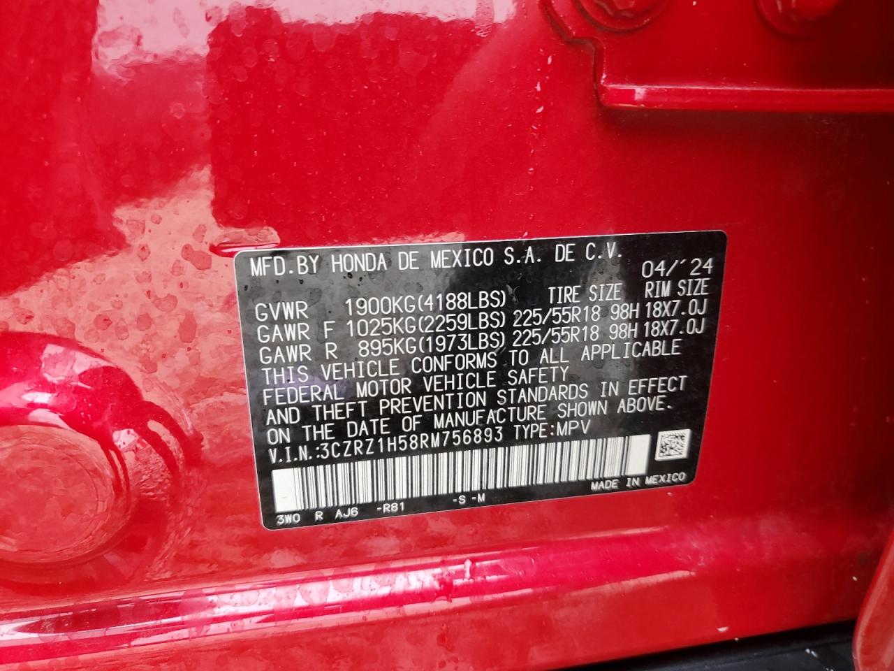 2024 HONDA HR-V SPORT VIN:3CZRZ1H58RM756893