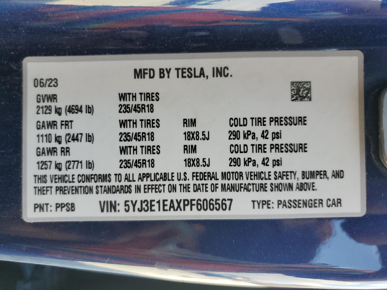 2023 TESLA MODEL 3  VIN:5YJ3E1EAXPF606567