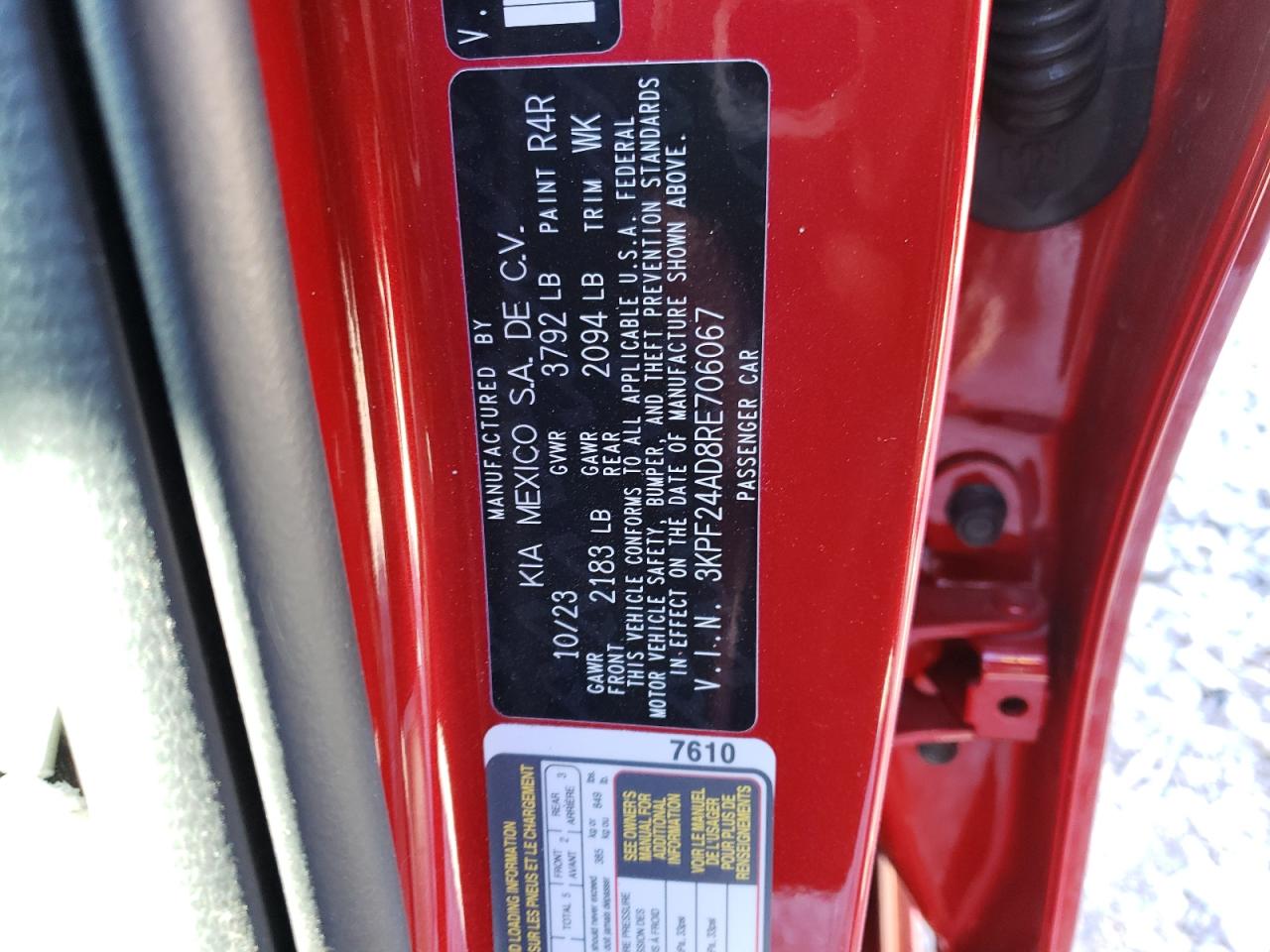 2024 KIA FORTE LX VIN:3KPF24AD8RE706067