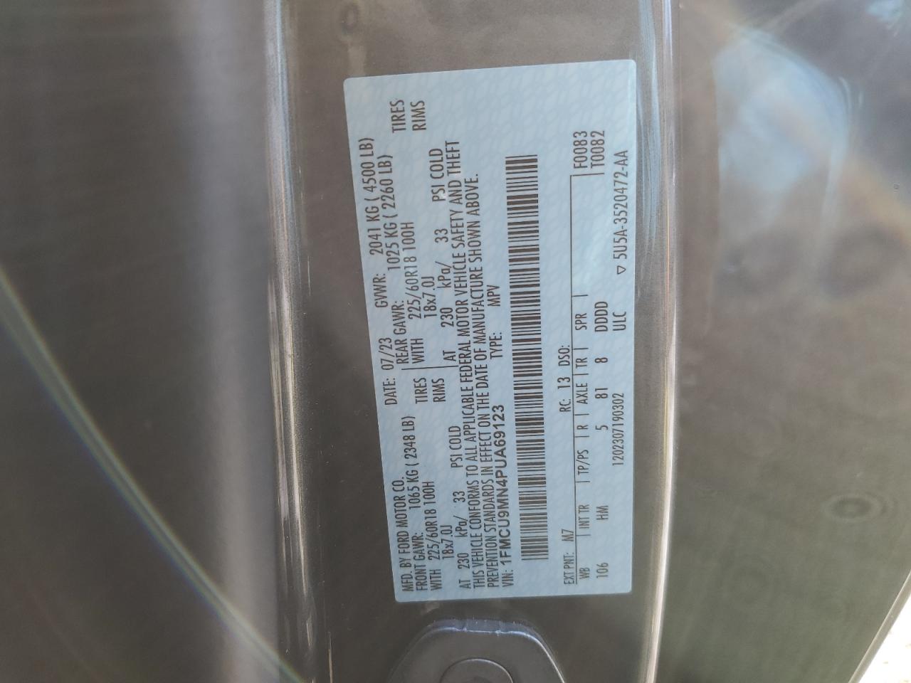 2023 FORD ESCAPE ST LINE VIN:1FMCU9MN4PUA69123