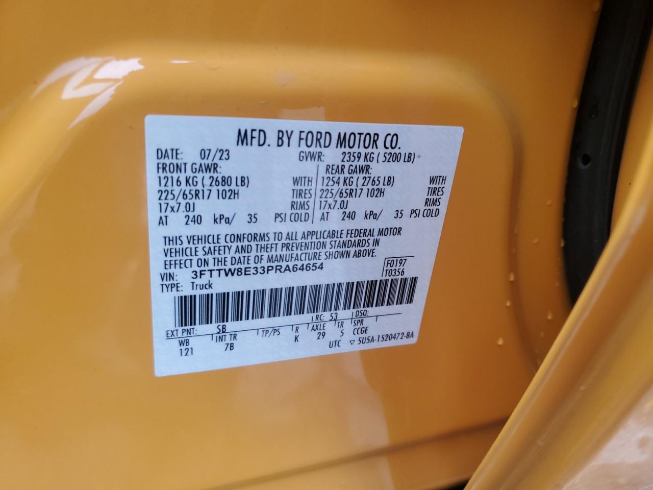 2023 FORD MAVERICK XL VIN:3FTTW8E33PRA64654