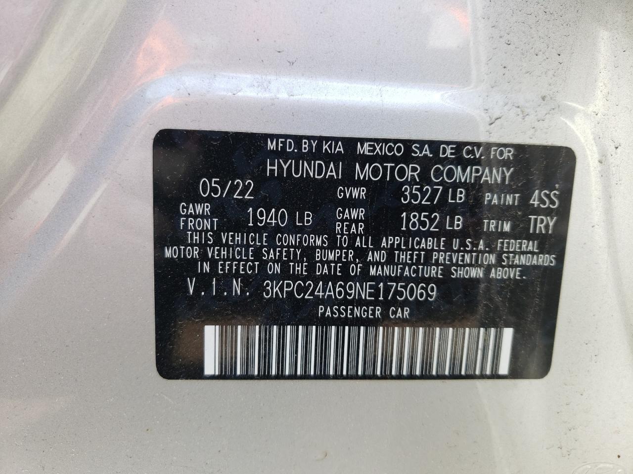 2022 HYUNDAI ACCENT SE VIN:3KPC24A69NE175069