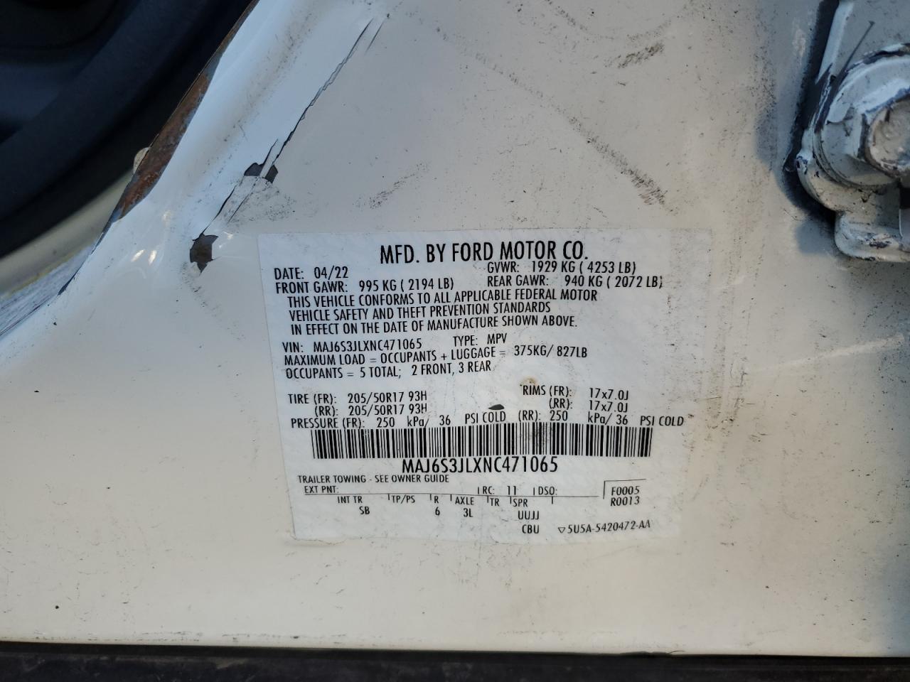 2022 FORD ECOSPORT SES VIN:MAJ6S3JLXNC471065